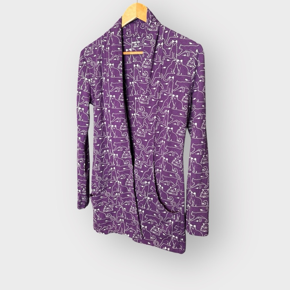 Svaha Cat and Mouse‎ Burnout Cardigan Purple Open Front Pocket Sweater Size XS - Picture 2 of 5